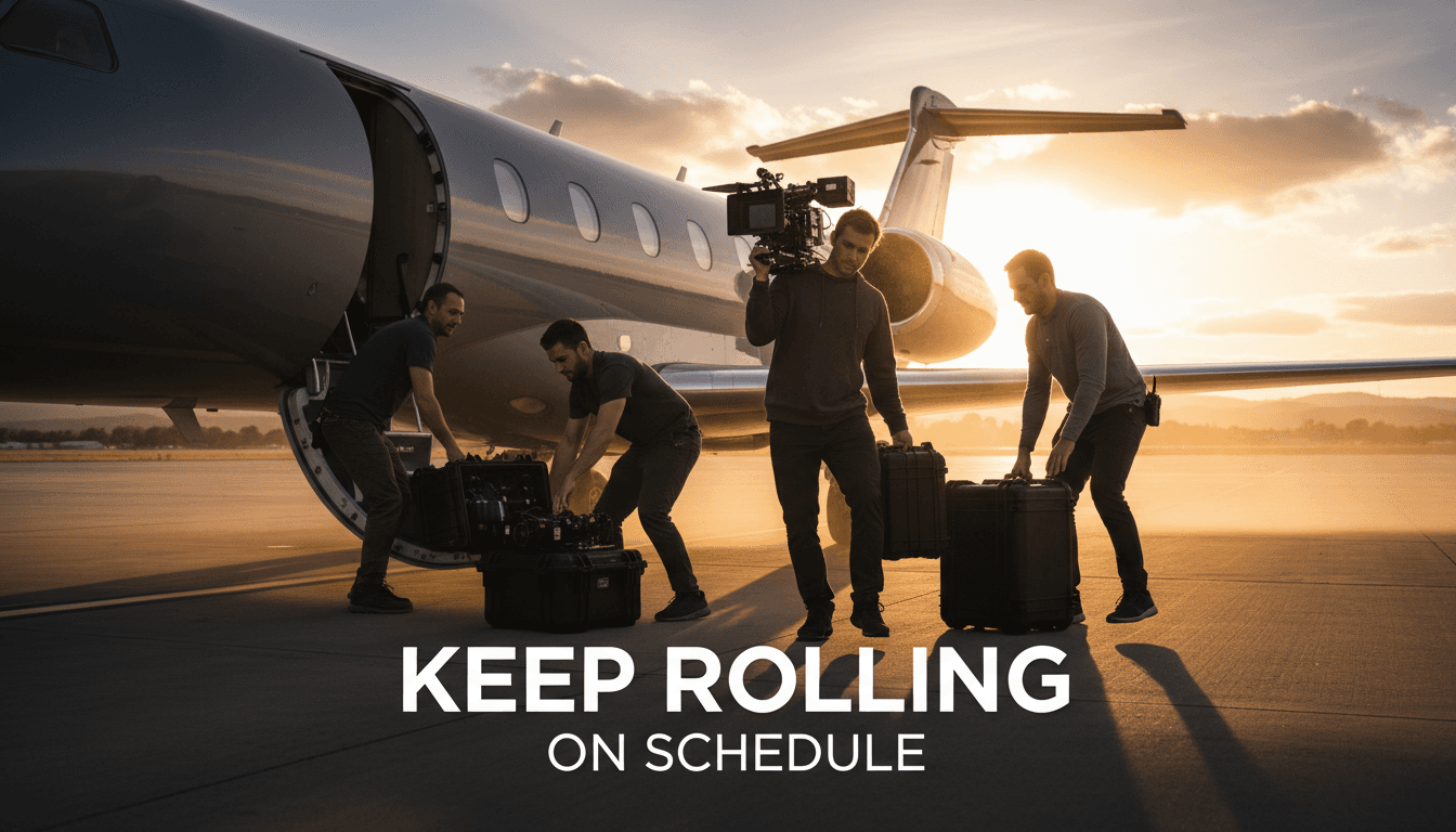 A film crew loading camera equipment cases into a private jet at golden hour — film and production location-shoot charter guide 2026