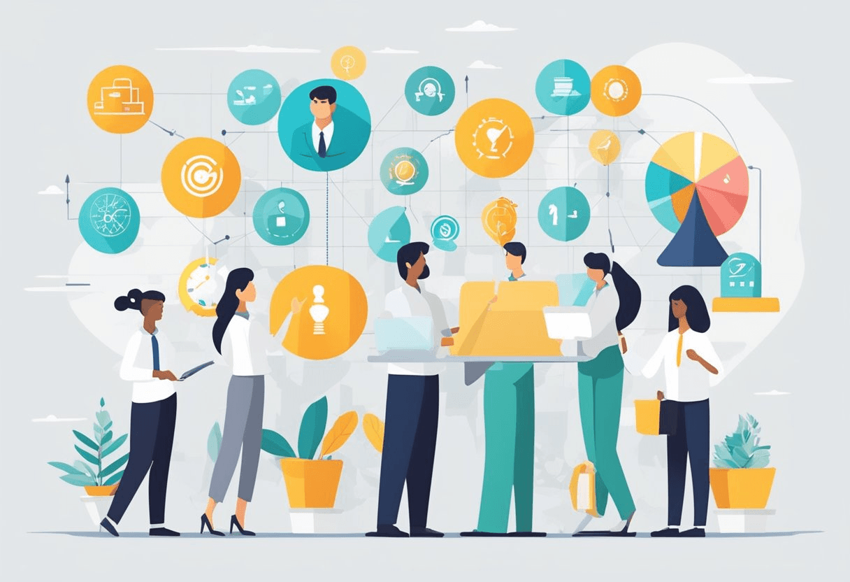 Employees engaging in various tasks, symbolizing career growth and skill development. Rotation chart and diverse job settings in the background