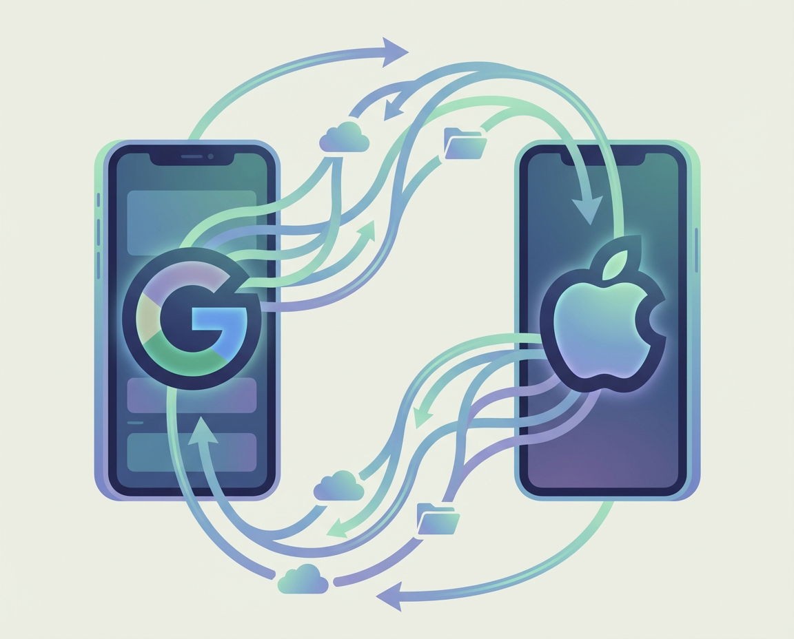 Illustration of seamless data migration between Android and iOS using symbolic arrows and abstract logos