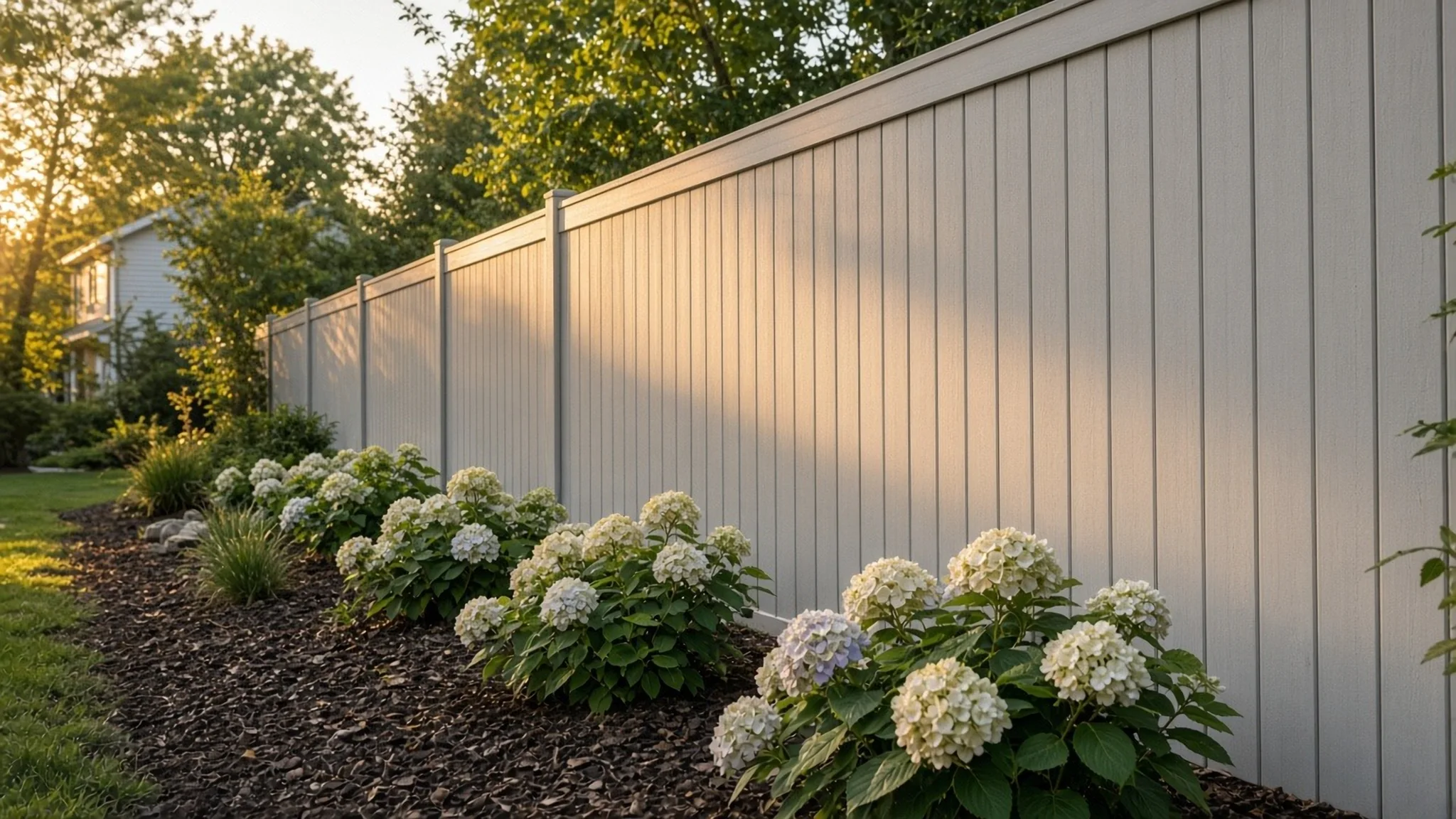 Light gray composite privacy fence along a side yard with hydrangeas