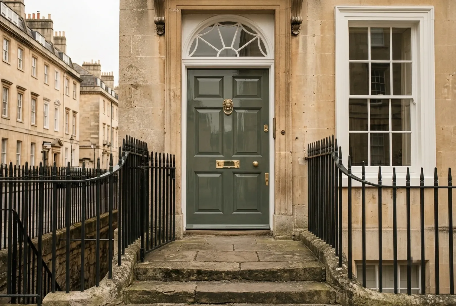 The same front door after: fresh grey-green gloss, glossy black railings and white sash frames