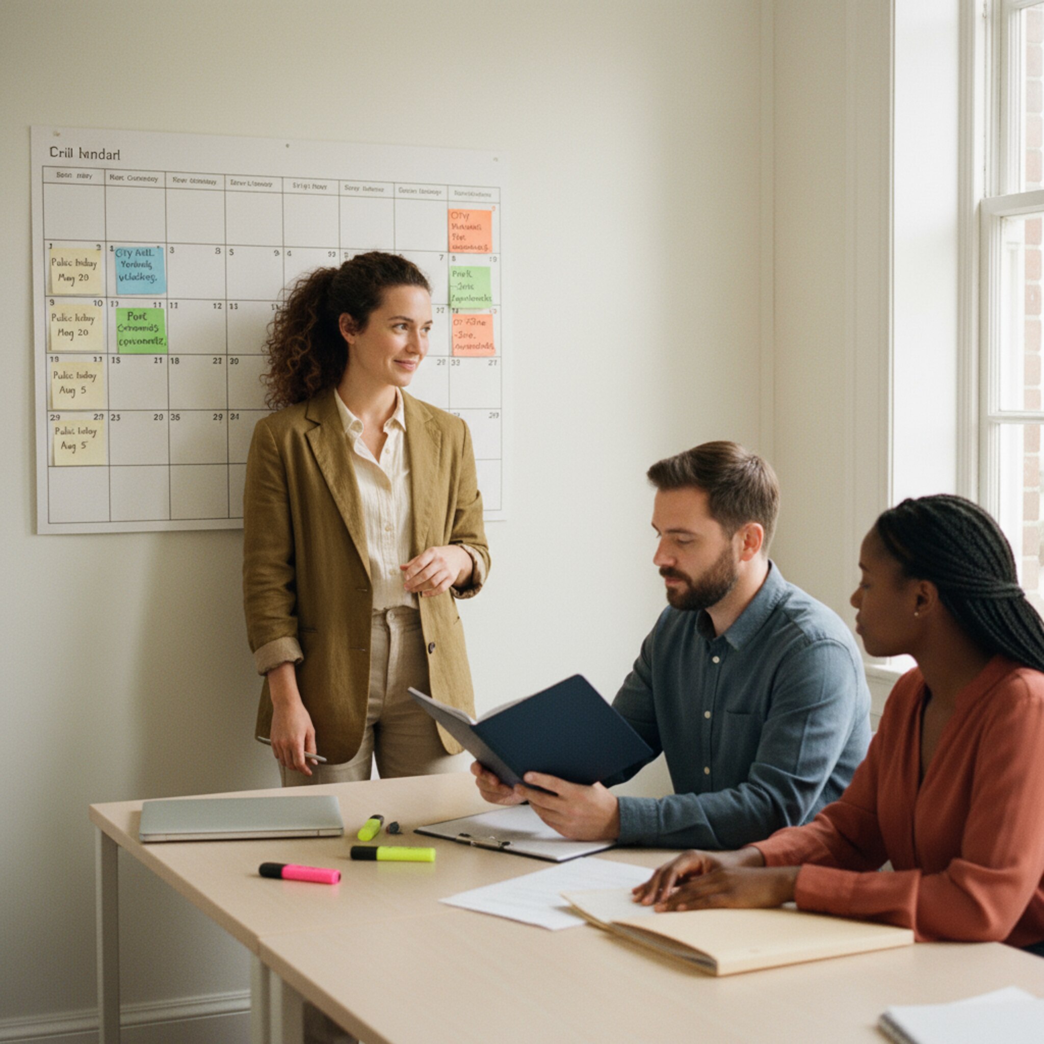 In einem Besprechungsraum zeigt eine Standesbeamtin auf einen großen Wandkalender mit farbigen Markierungen für Trauorte und Außentermine. Zwei Kollegen nicken, Notizzettel mit Feiertagen stecken ordentlich am Rand. Die Stimmung ist fokussiert, die Planung wirkt belastbar und vorausschauend.