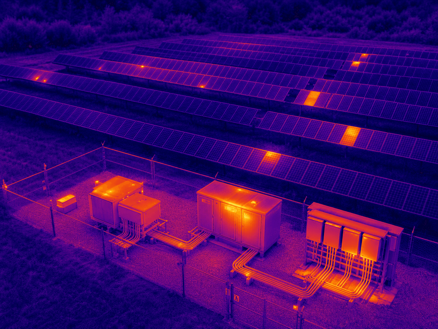 a thermal drone image of solar panels