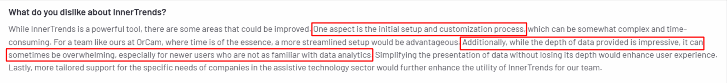 User review noting setup complexity and overwhelming data depth in InnerTrends