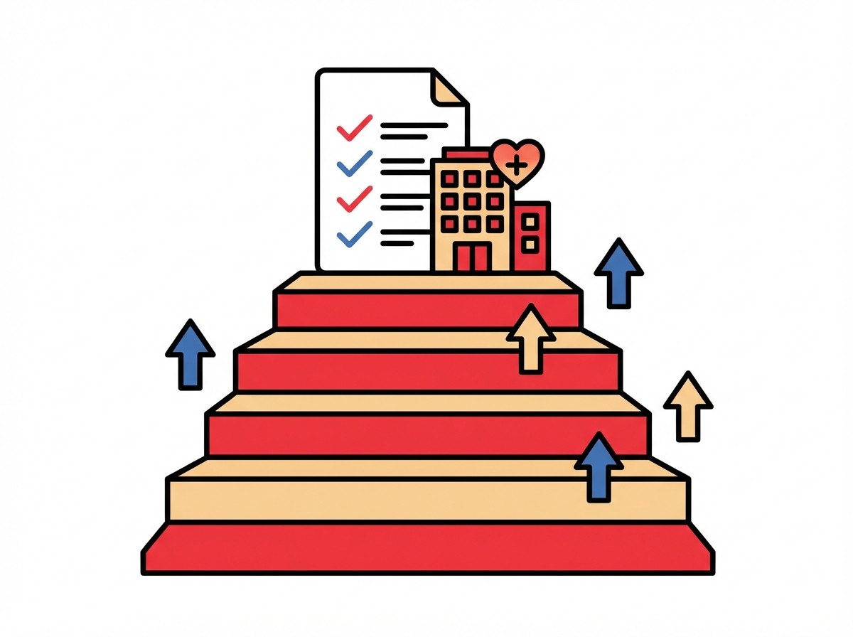 Rote Treppe mit Aufwärtspfeilen, die zu einer Checkliste und einem Krankenhausgebäude führt.
