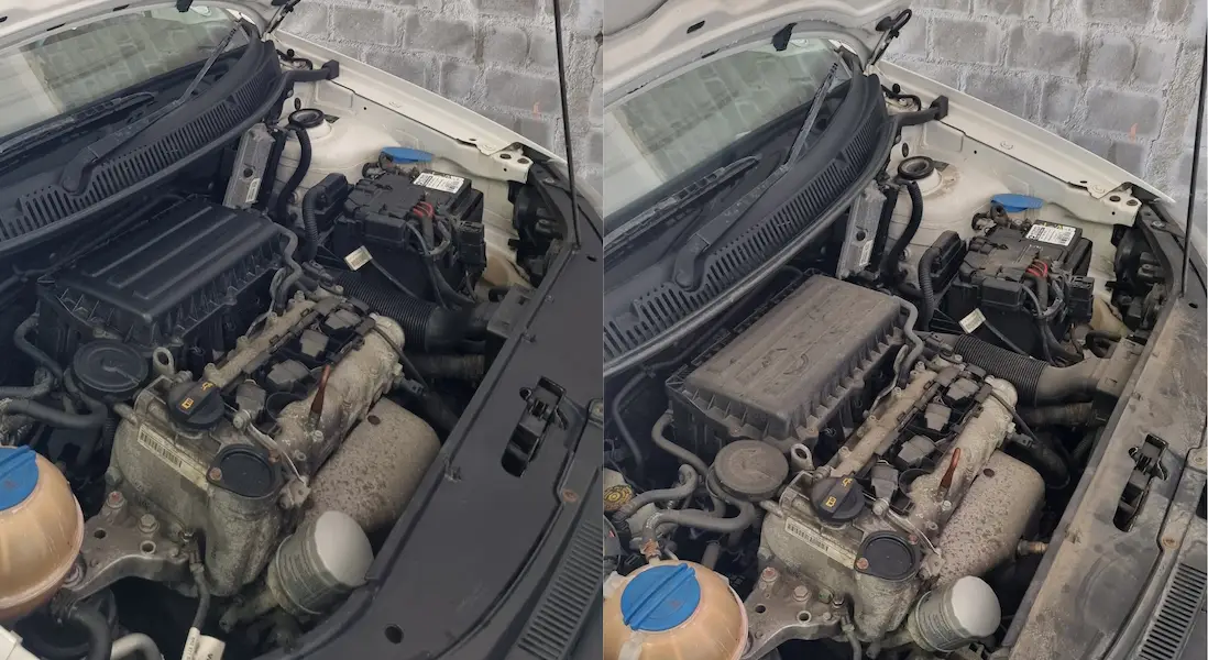 Engine Bay Detail - Before and after of a dirty and then a clean engine