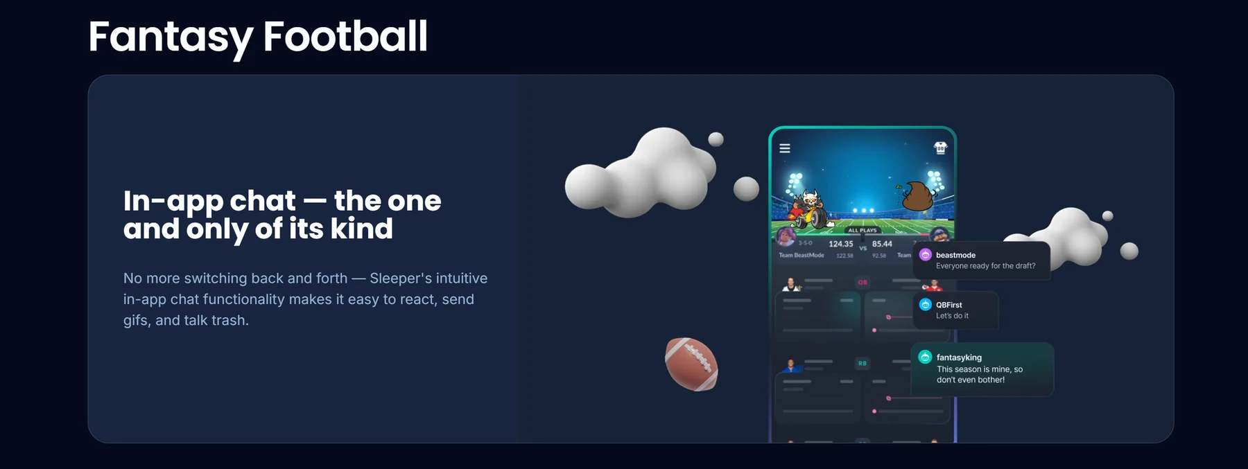 The previous Fantasy Football page's top section: an In-app chat card with a phone illustration