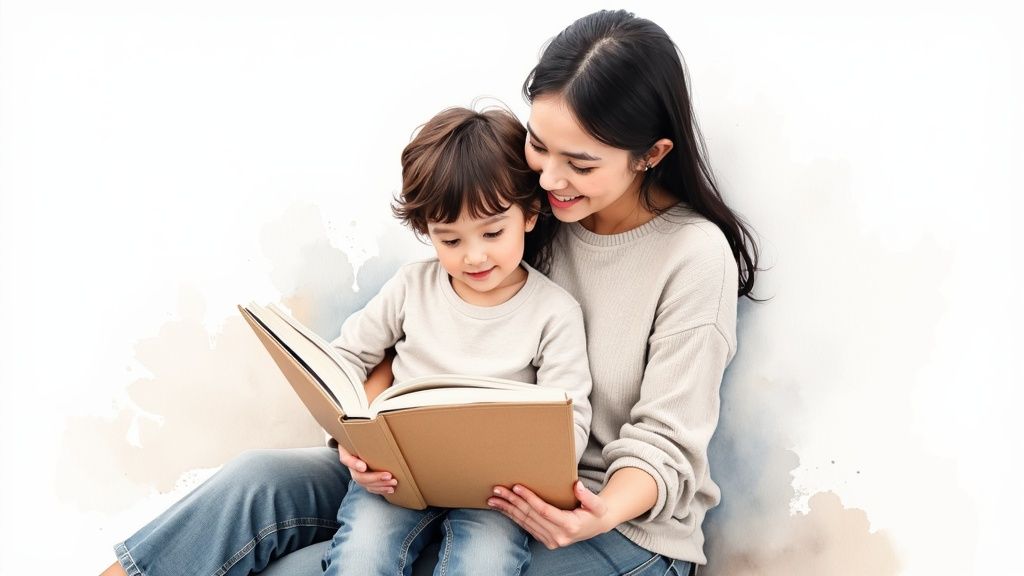 A mother and her young child joyfully read a picture book together.