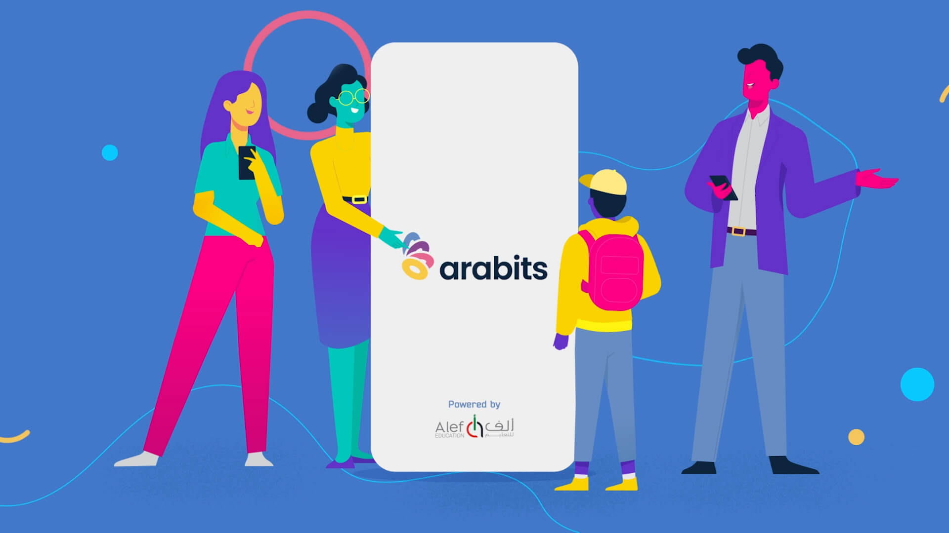 stylized and simplified full figure of young, colourful clothed people, standing next to oversizes smart phone with text saying Arabits on it