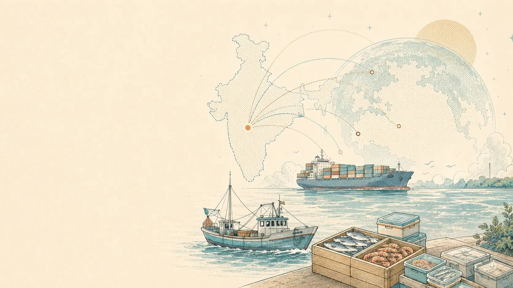 Illustration of India’s seafood trade expanding from local coastal supply to global markets.