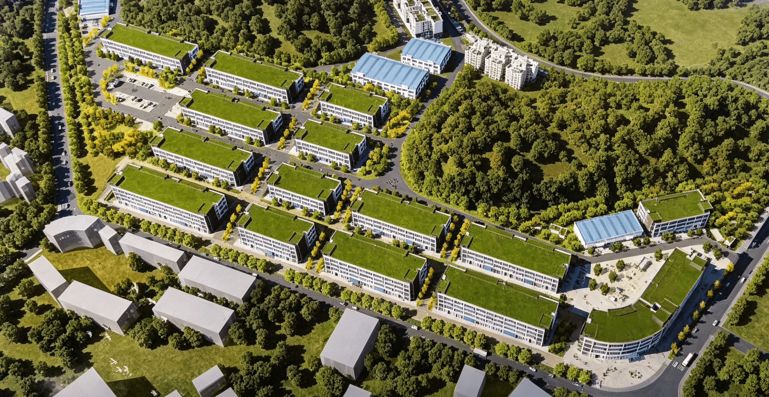 Bird's-eye rendering of an industrial campus