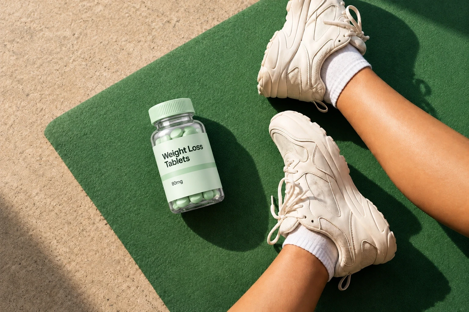 A product on a green rug with fitness shoes