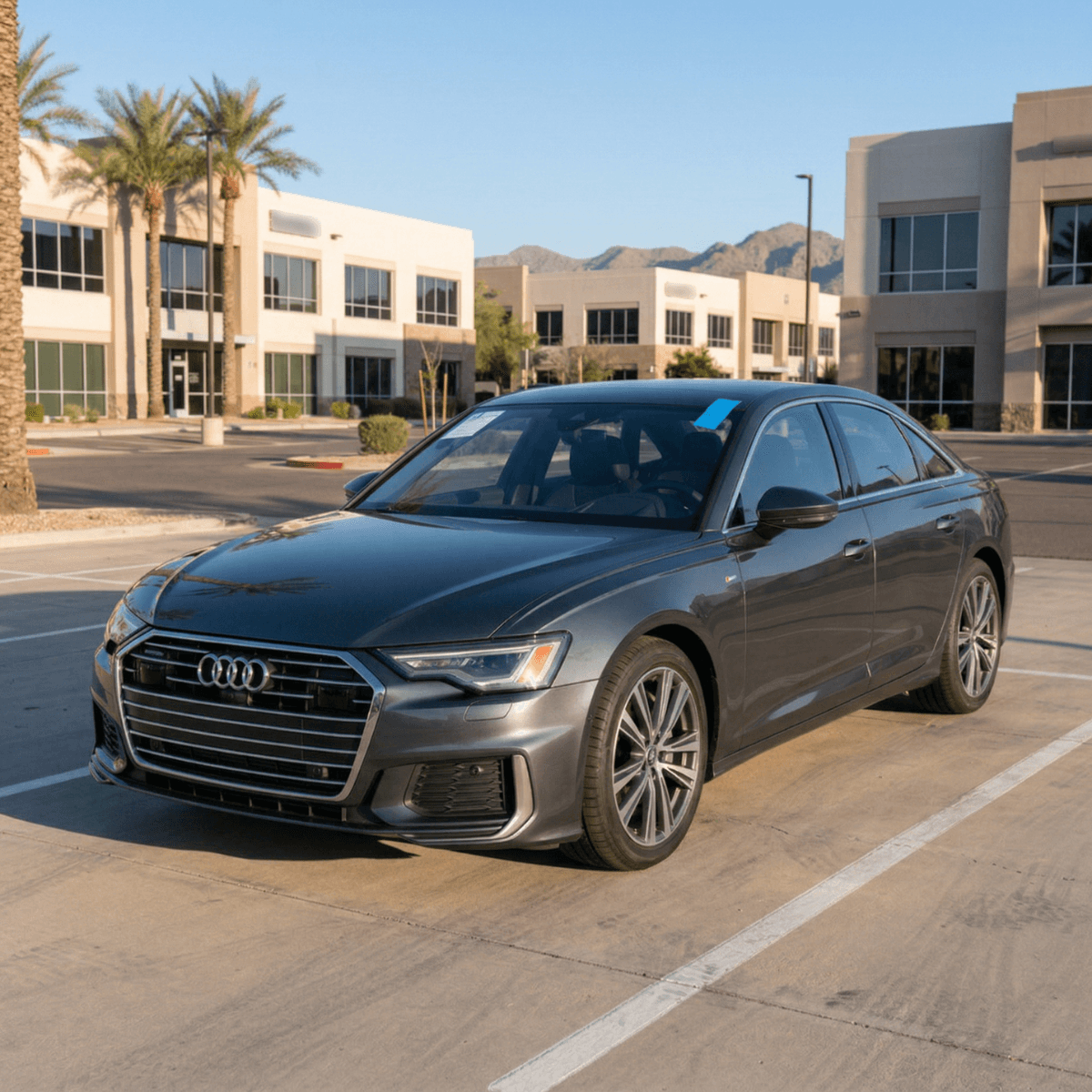 Gray Audi A6 sedan with an expertly replaced windshield in a Scottsdale, Arizona business district