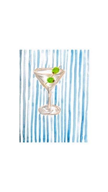 Watercolor martini glass with blue vertical stripes behind it