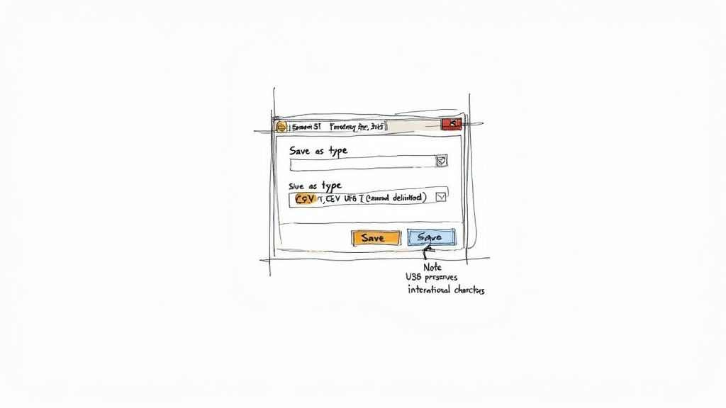 A hand-drawn sketch of a 'Save As' dialog box showing CSV file type selection.