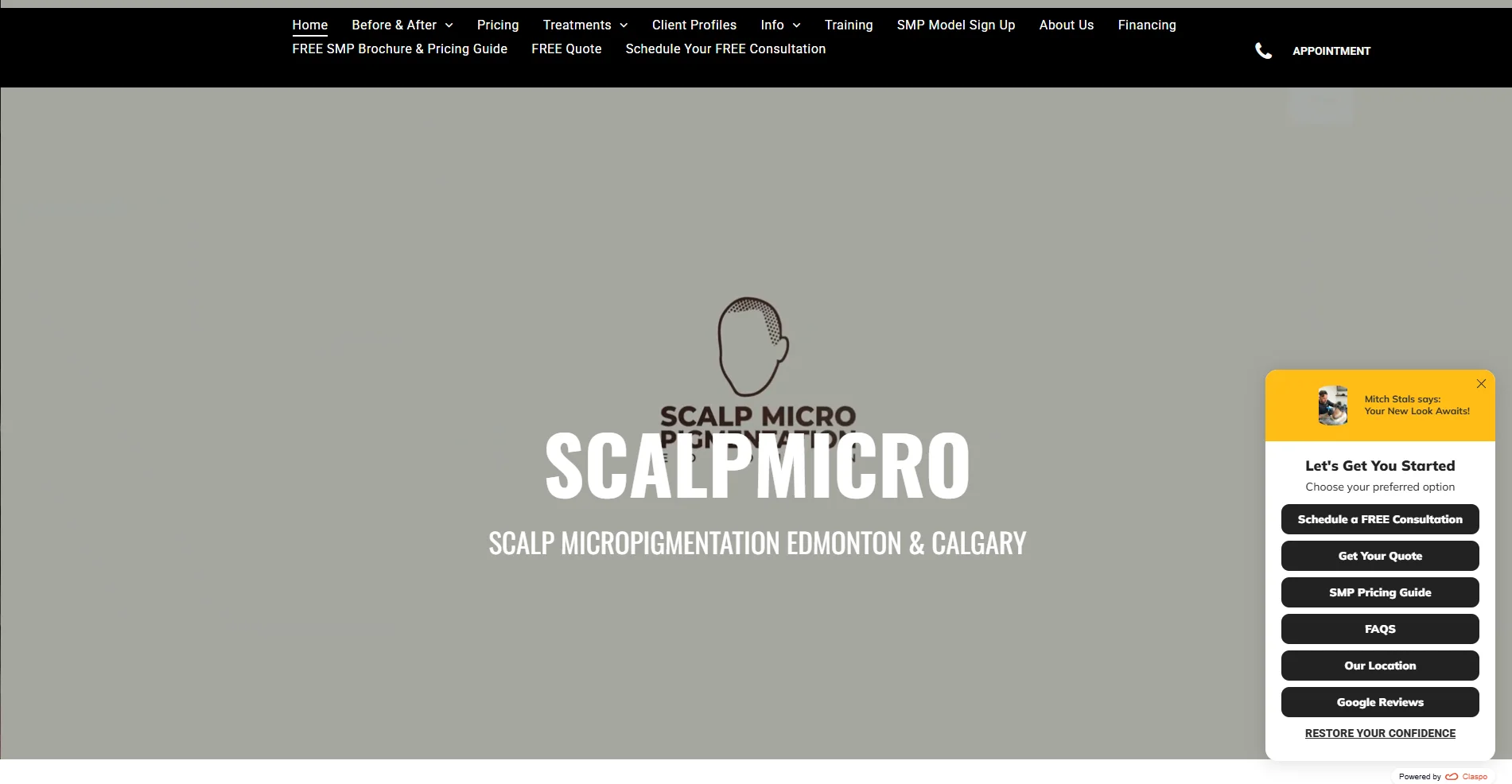 A right-aligned on-site communication and engagement panel on the Scalpmicro website featuring a welcoming personalized quote header and a multi-button directory for consultations, pricing, FAQs, and reviews.