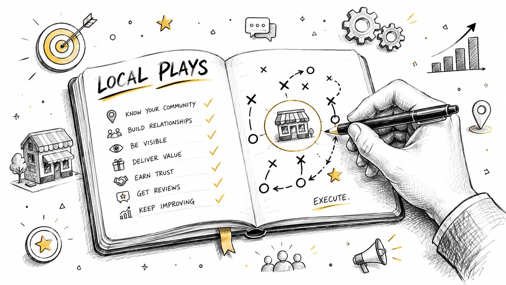 An illustrated notebook showing a strategic plan for local business growth with checklist and hand drawing.