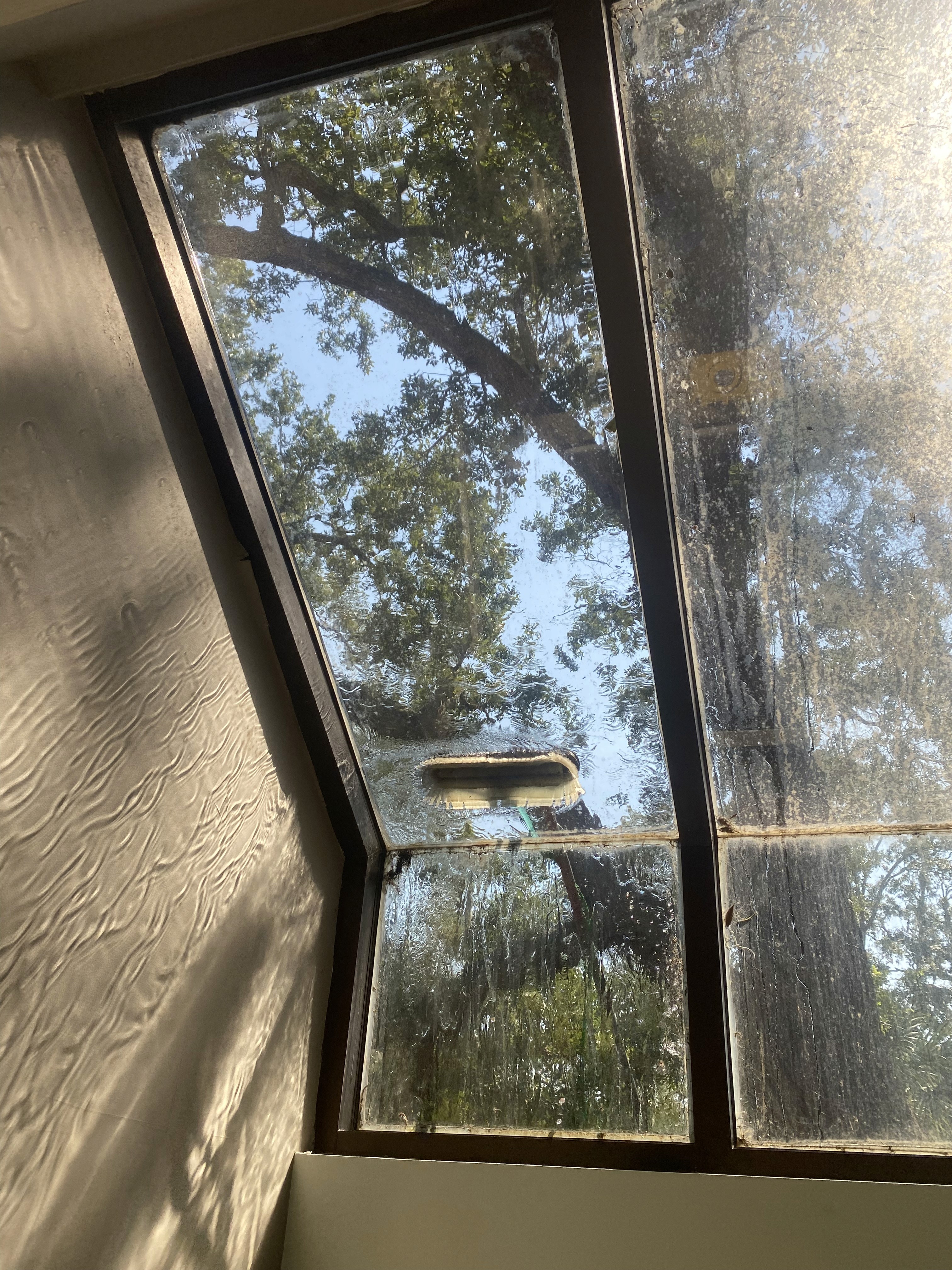 Technician using a squeegee to clean exterior glass windows on a Hilton Head home.