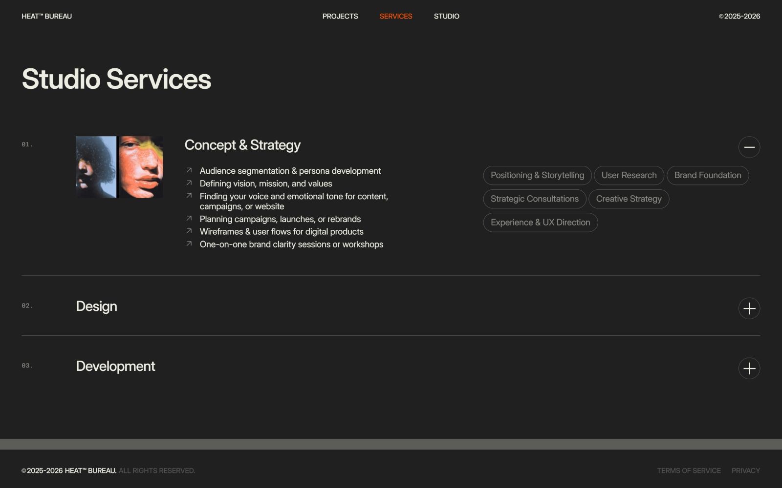 Studio services page with sections for Concept & Strategy, Design, and Development. Features a close-up of a woman's face.