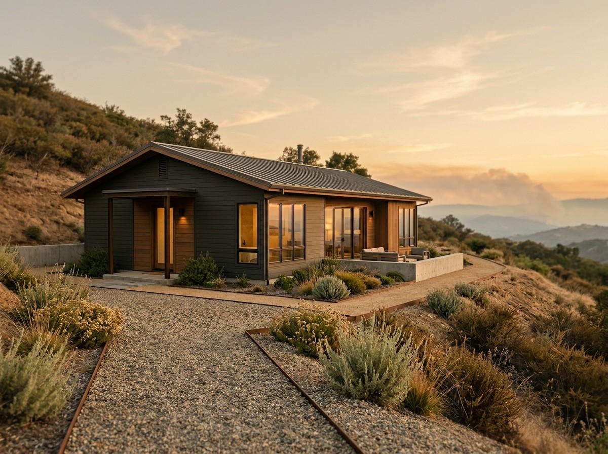modern hillside home defensible landscape dusk