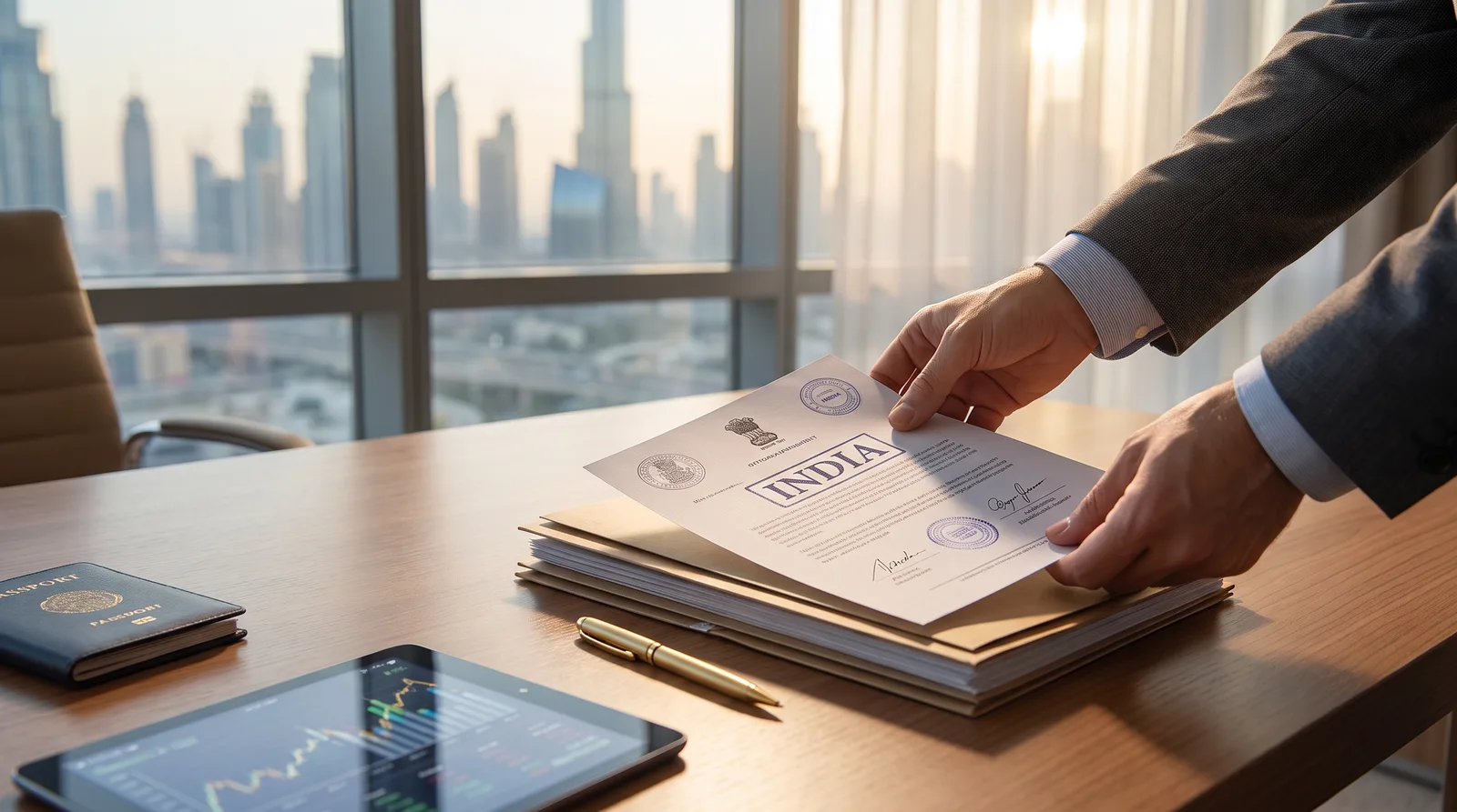 Indian founder organising attestation documents for a Dubai company at a modern desk