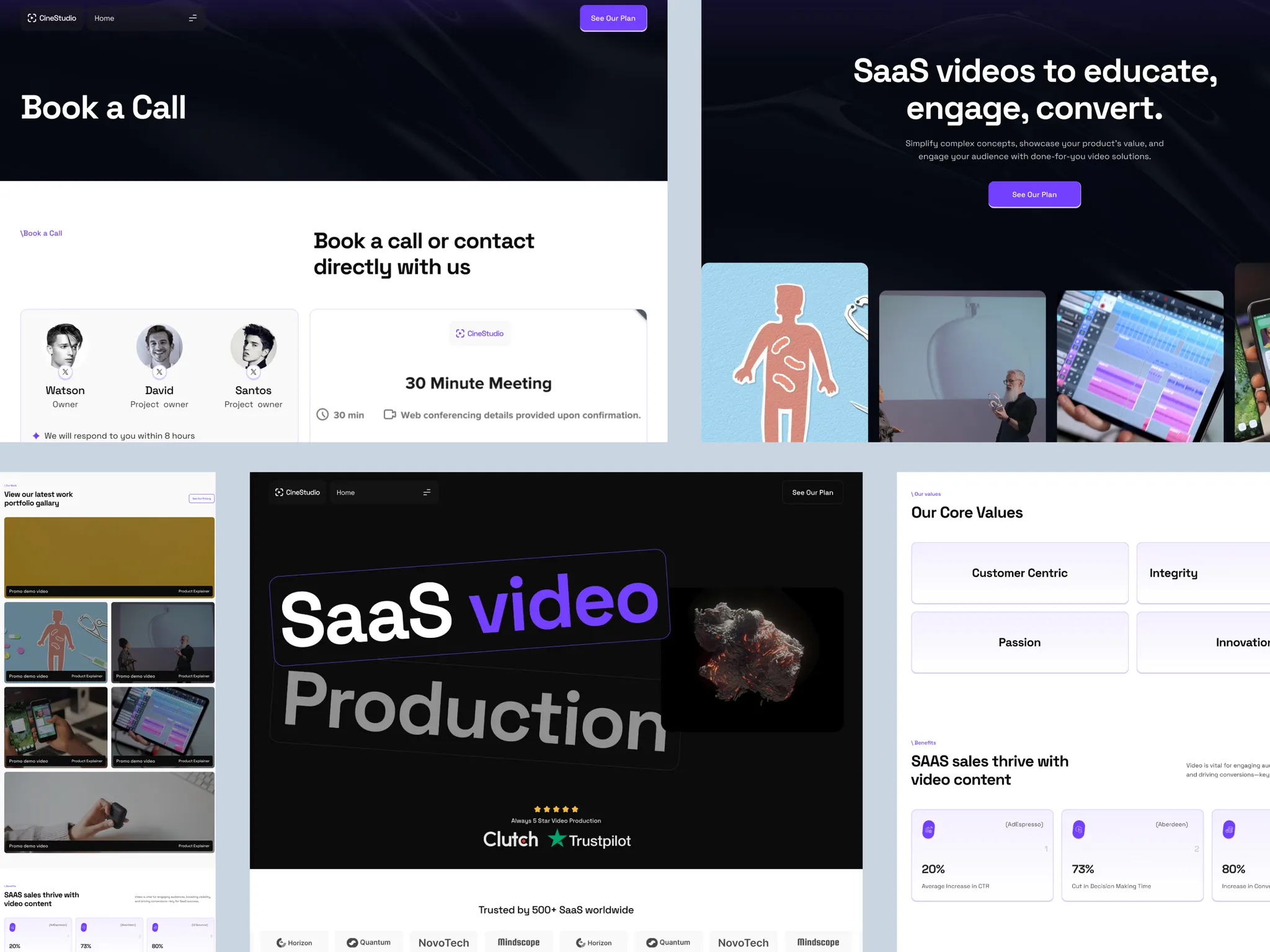 CineStudio SaaS video production agency template with booking page, portfolio gallery, core values, and performance stats.