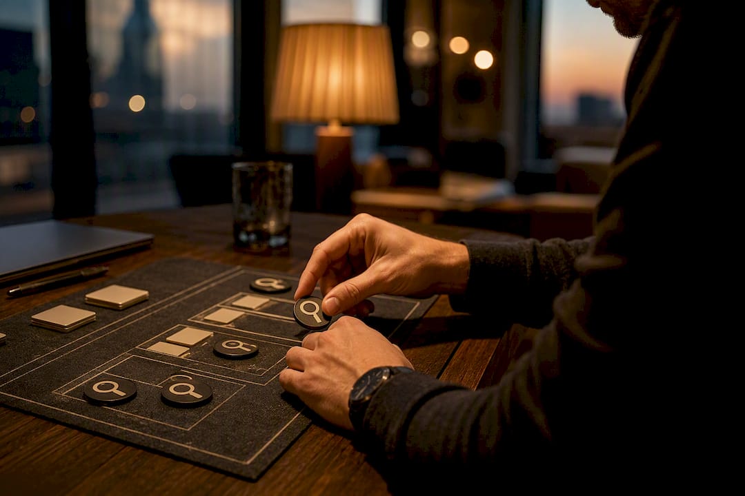 Hands placing search ad tokens on grid