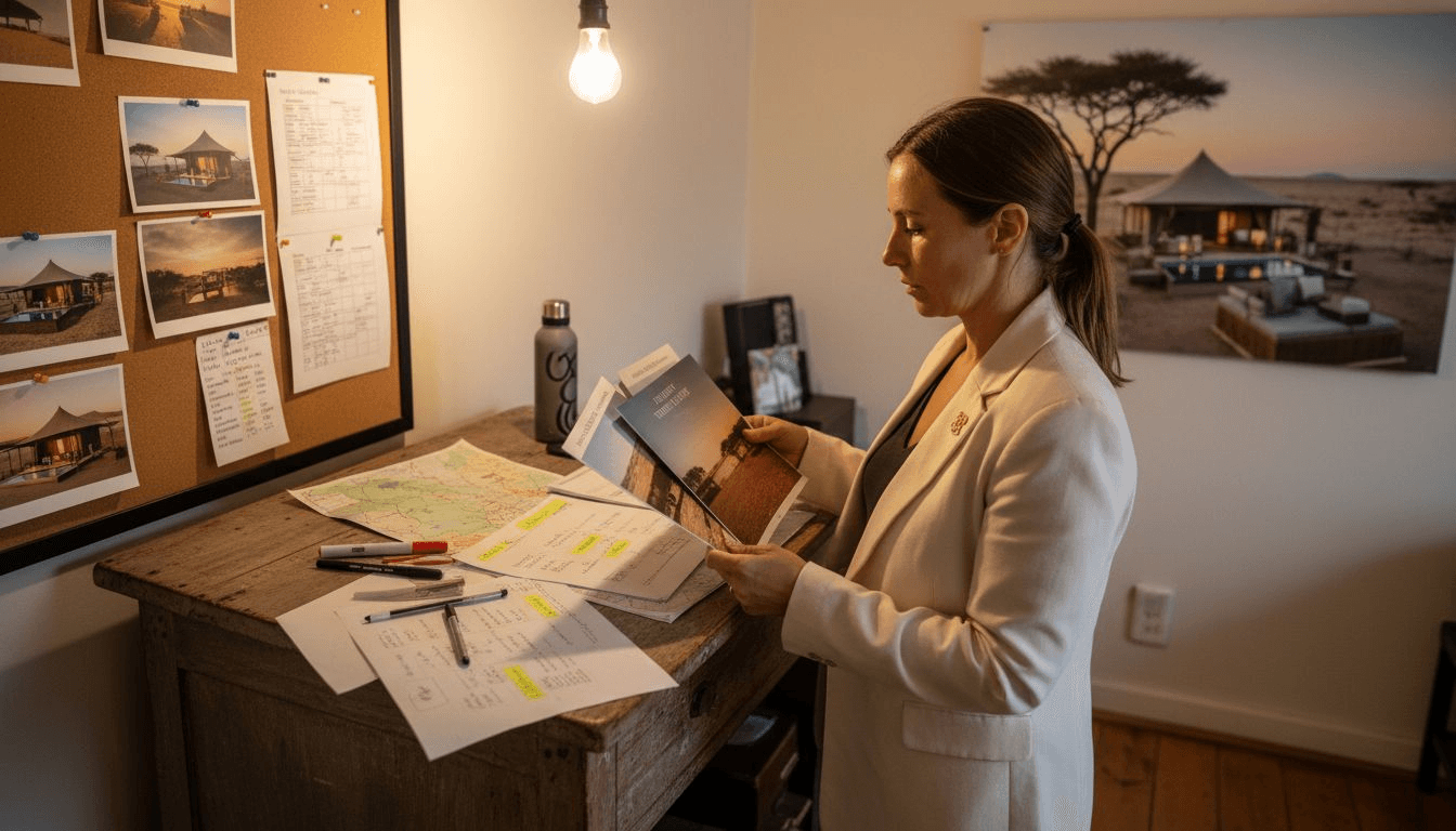 Consultant comparing luxury safari package brochures