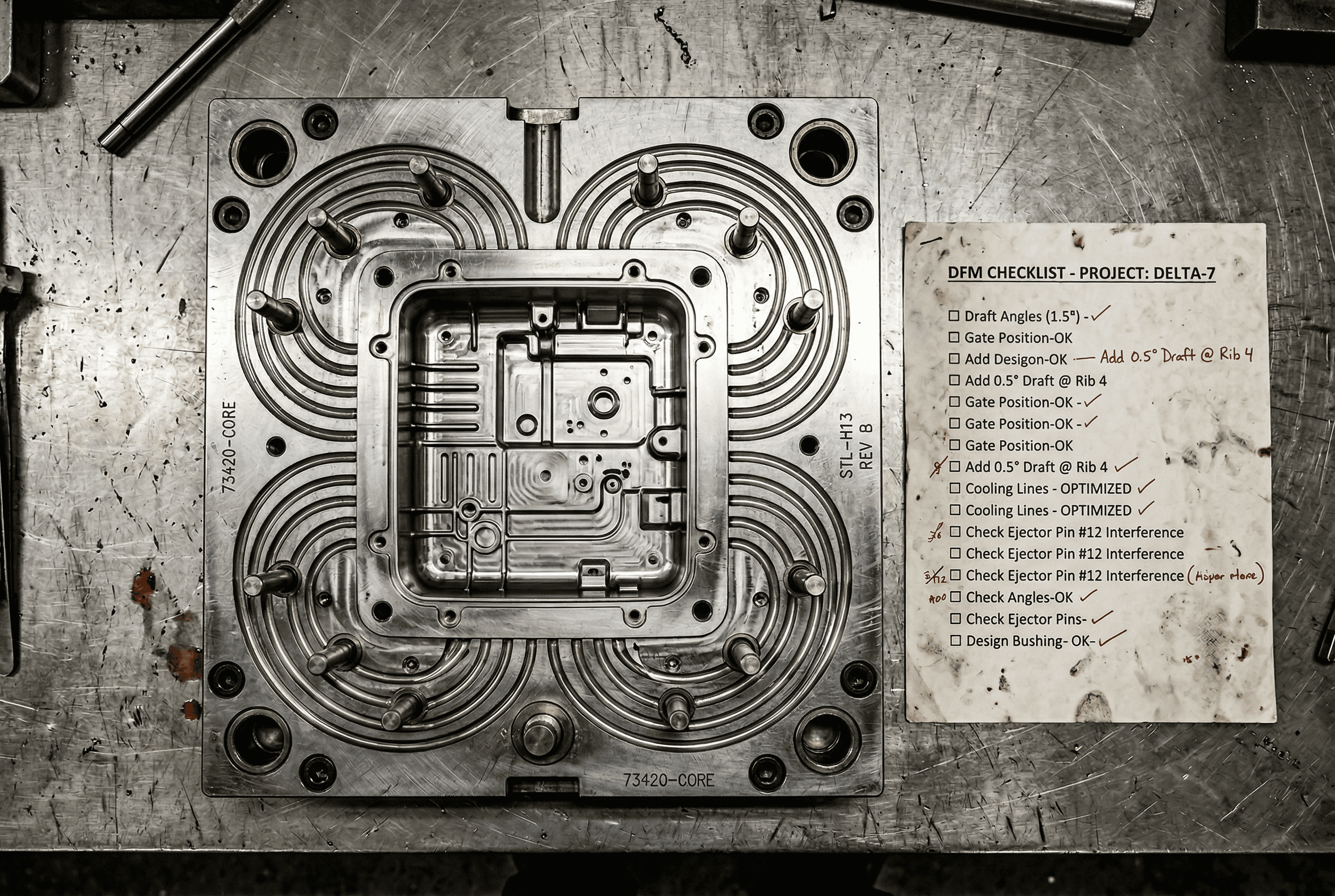 flat-lay of an injection mold tool half open on a steel workbench: visible cavity geometry, cooling channels, and ejector pin layout.
