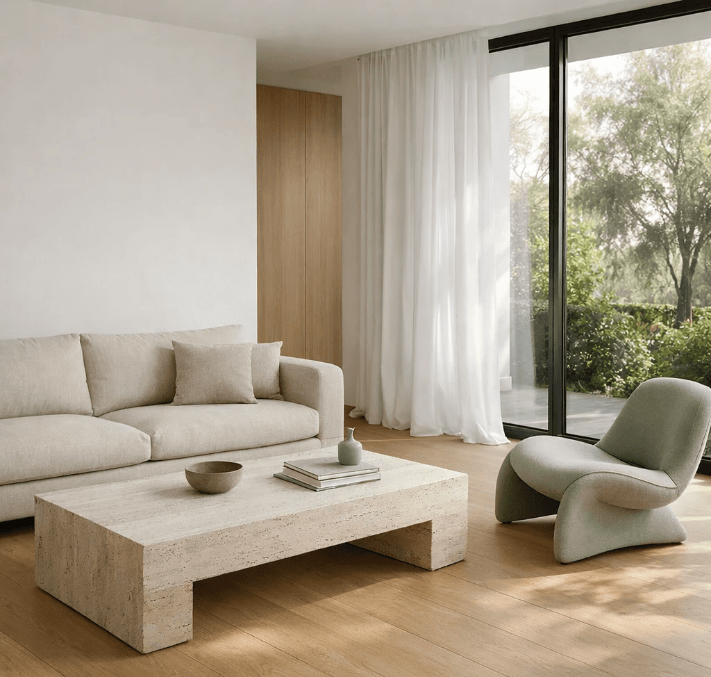 Terracotta wall interior with wooden architectural elements and dramatic natural light.
