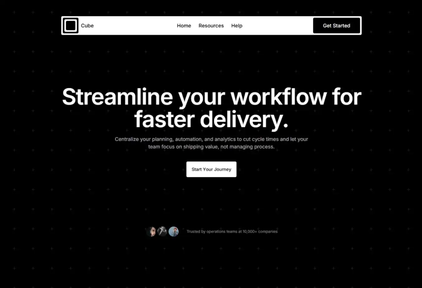 A minimalist dark interface for 'Cube' with a subtle grid background and bold white typography stating 'Streamline your workflow for faster delivery.
