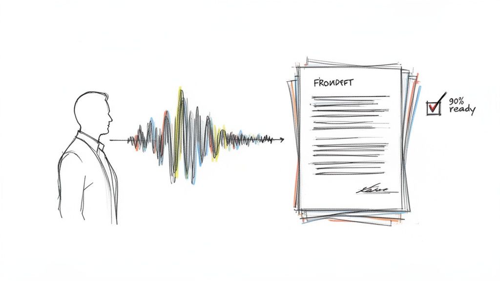A line drawing illustrates voice transcription, converting spoken words into a document that's 90% ready.