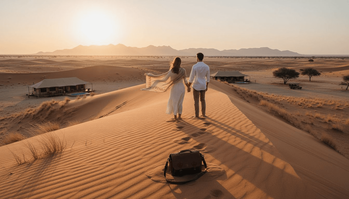 Couple atop Namib Desert dune at sunrise