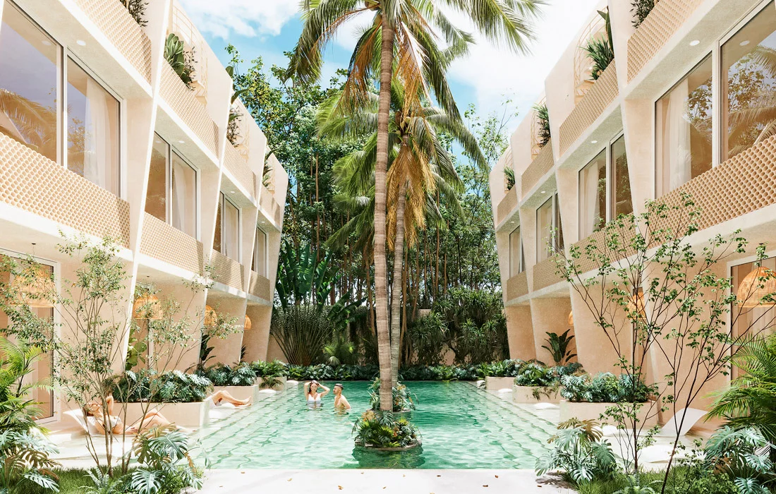 Residential building in Tulum among vegetation, housing to live in