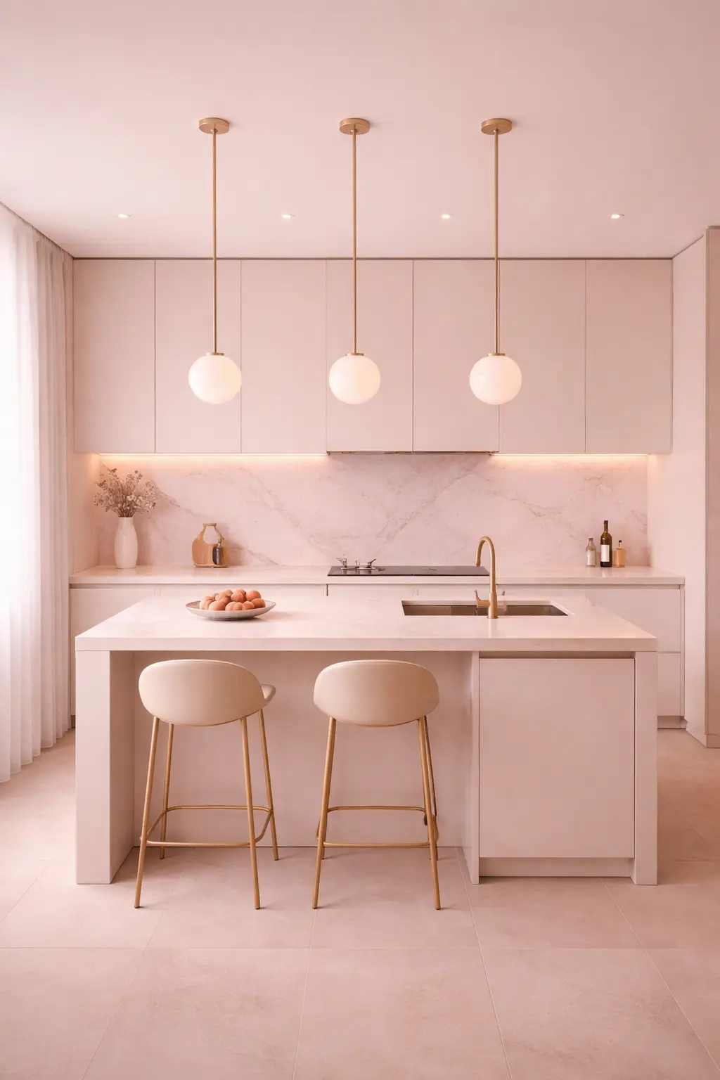 Organized modern kitchen with warm pink tones, featuring a white waterfall island, gold fixtures, and minimalist cabinetry, representing a professional home cleaning service.