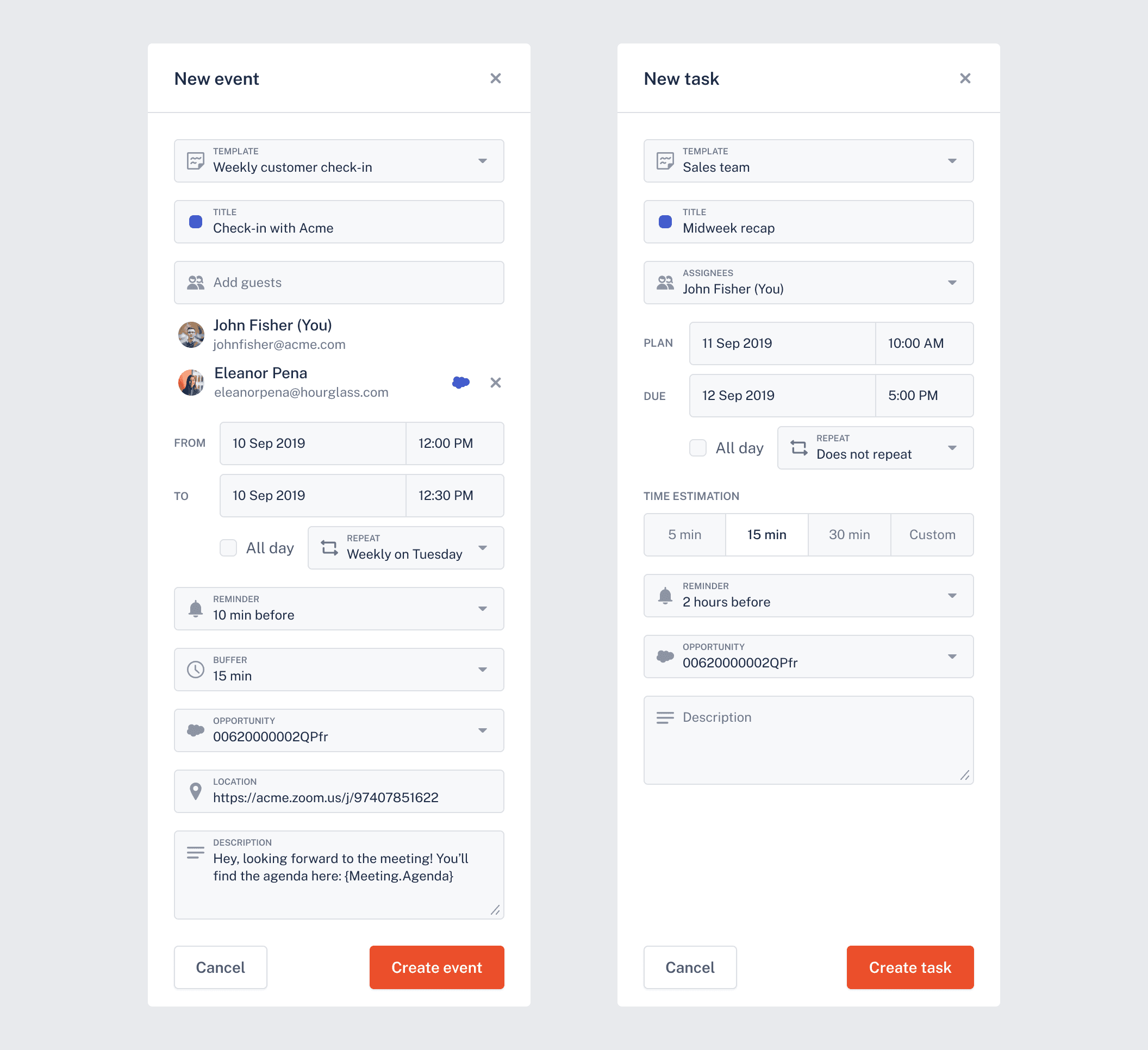 2 drawers to add a new event or task. They both contain a few inputs to set parameters like template, title, and time duration.