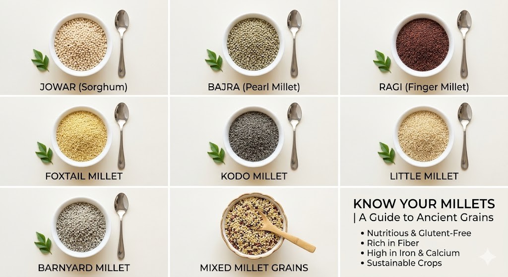 A comprehensive educational chart comparing 7 different types of millets, plus a bowl of mixed grains. The image features top-down views of Jowar, Bajra, Ragi, Foxtail, Kodo, Little, and Barnyard millets in bowls with spoons and curry leaves. It includes a text panel titled "KNOW YOUR MILLETS" listing key health benefits.