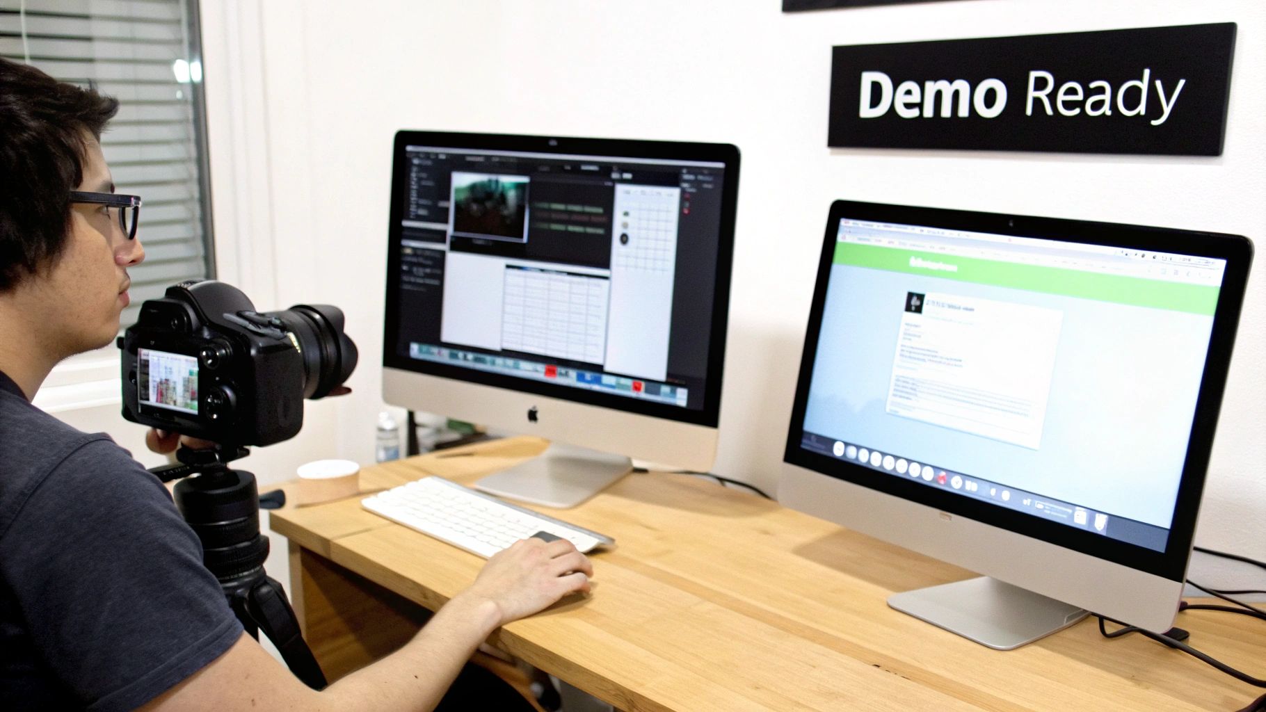 A person operates a camera on a tripod next to two iMac computers on a wooden desk.