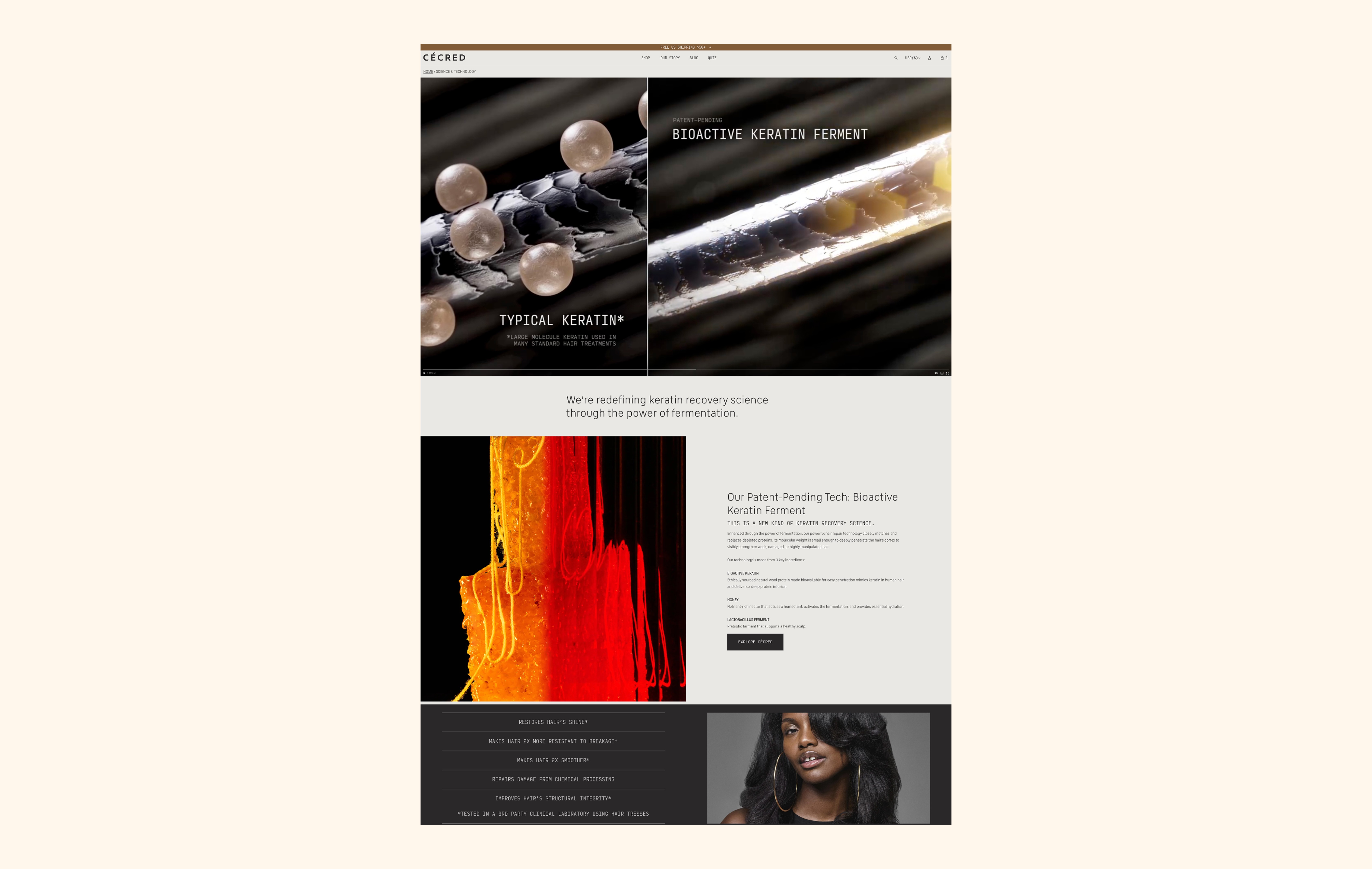 Cécred science page with video highlighting product innovation