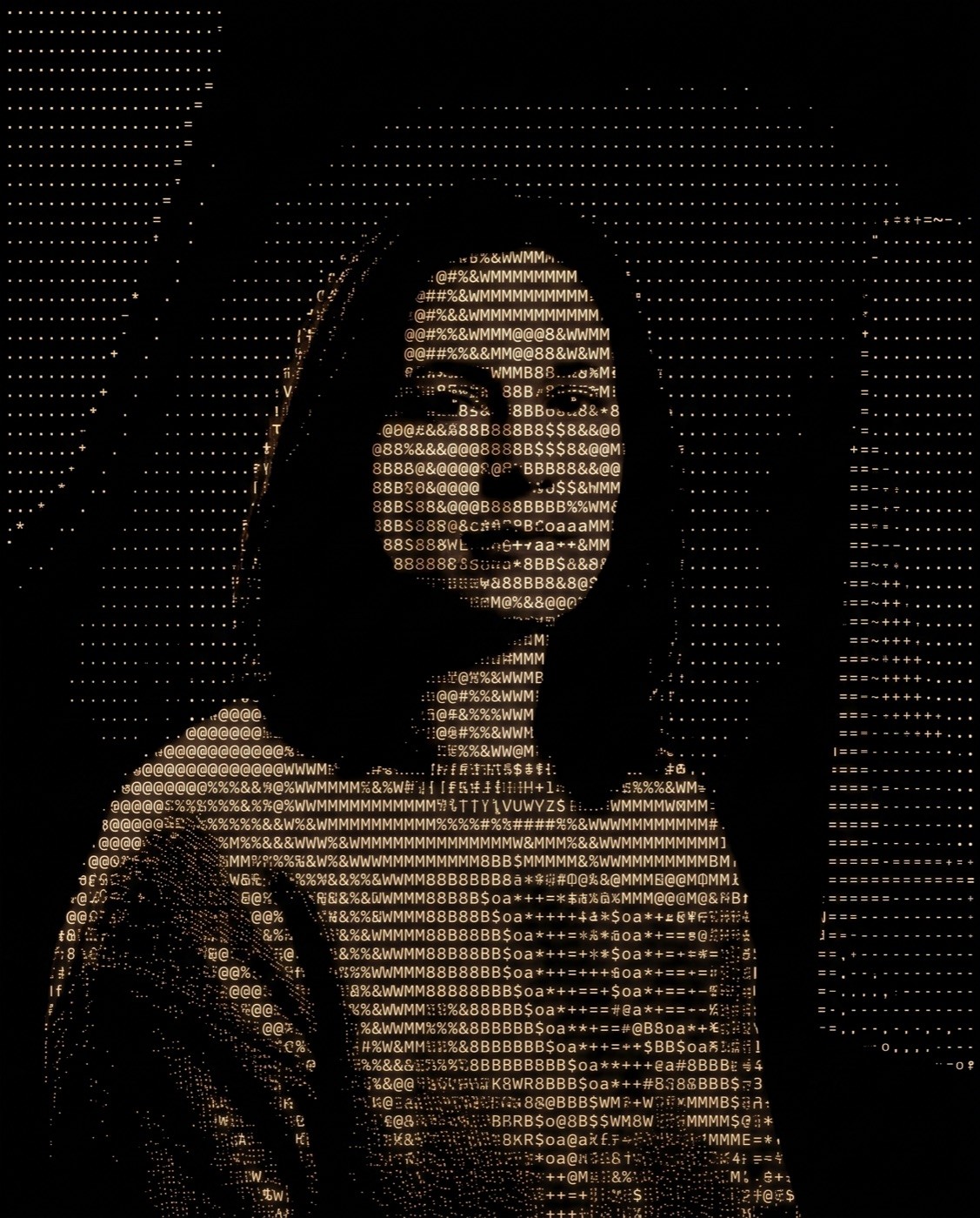El retrato convertido en arte ASCII: caracteres de teclado en blanco sobre negro.