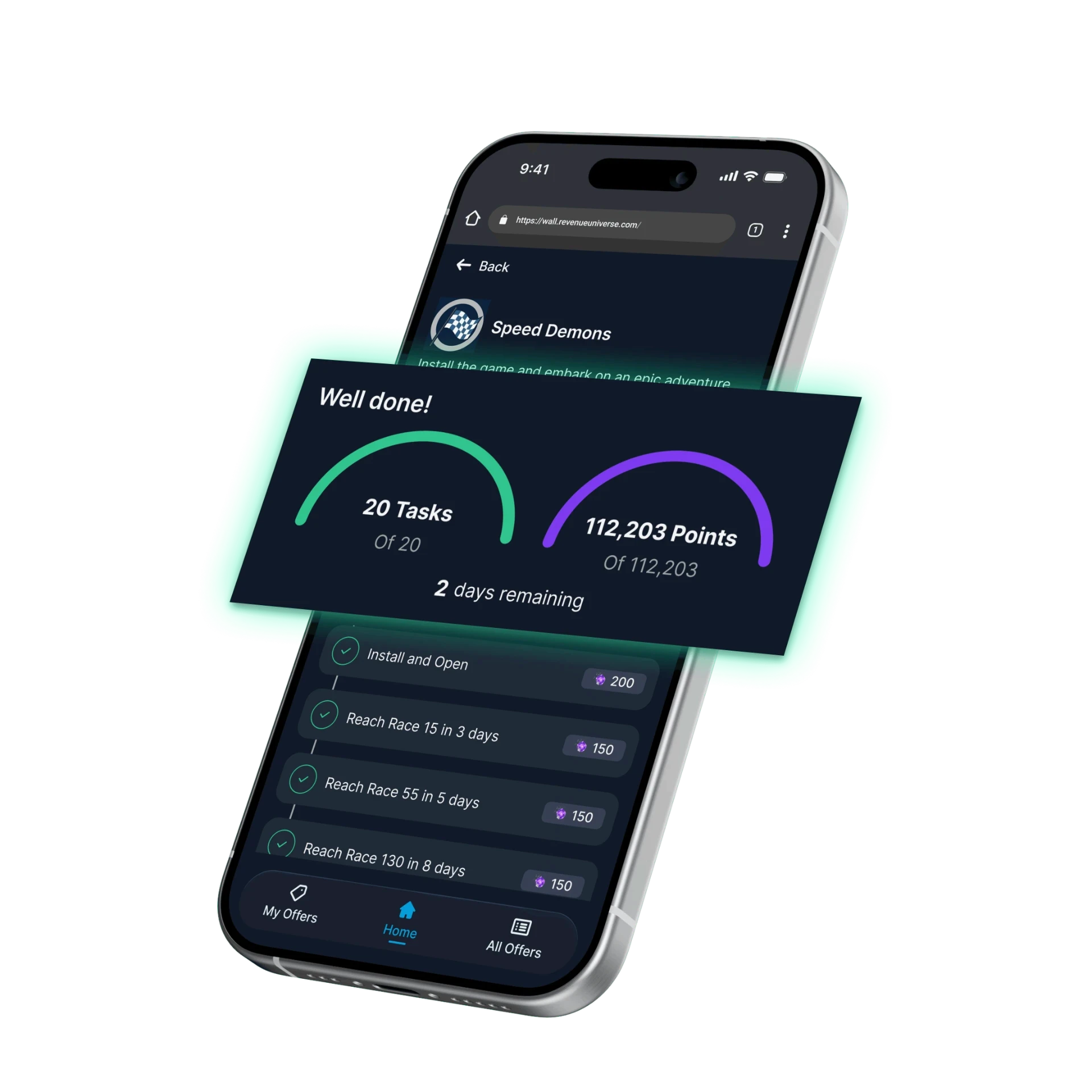 Smartphone showing an offerwall with tasks and points.