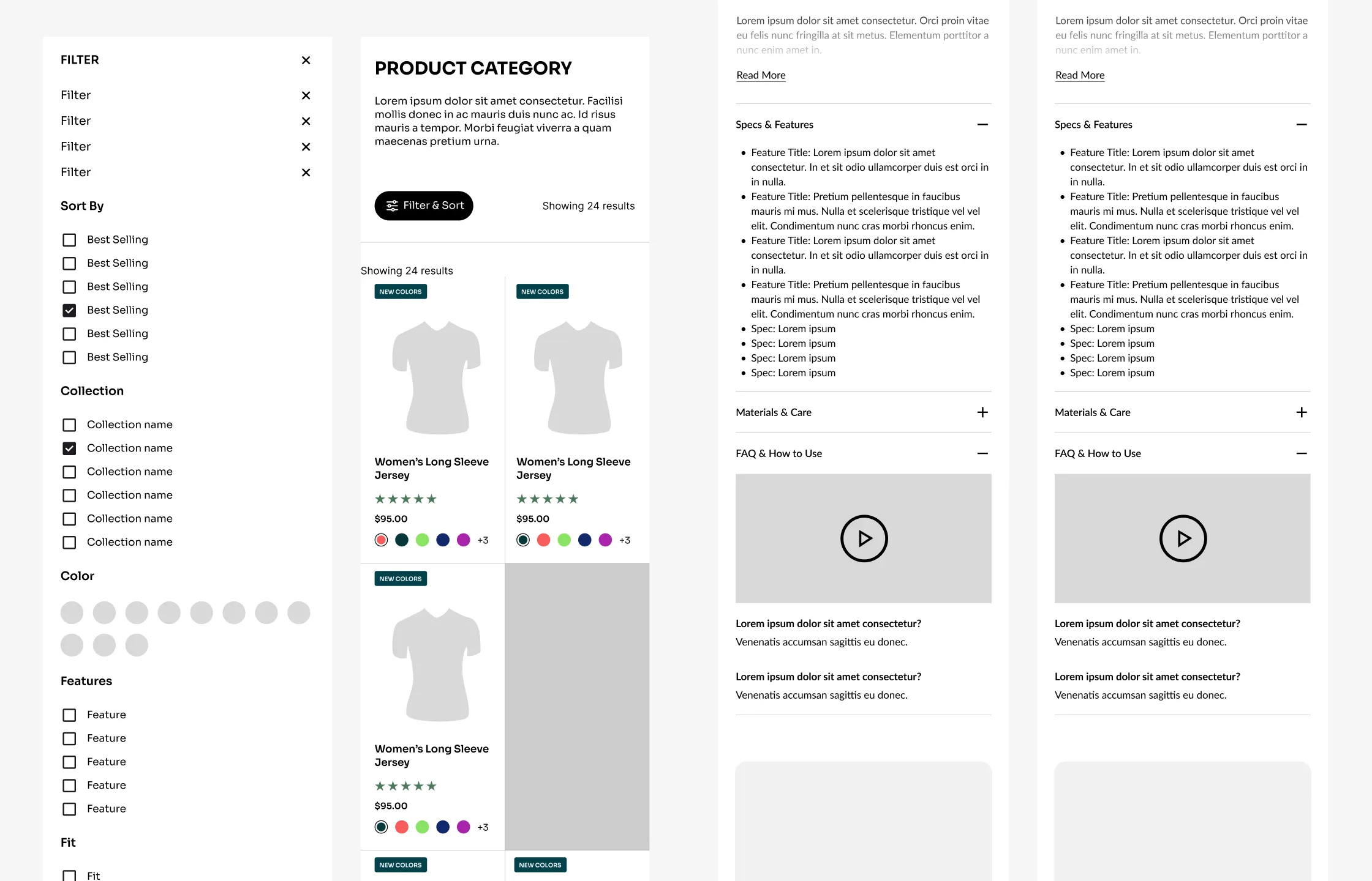 Mobile screens of filters, PLP & PDP templates