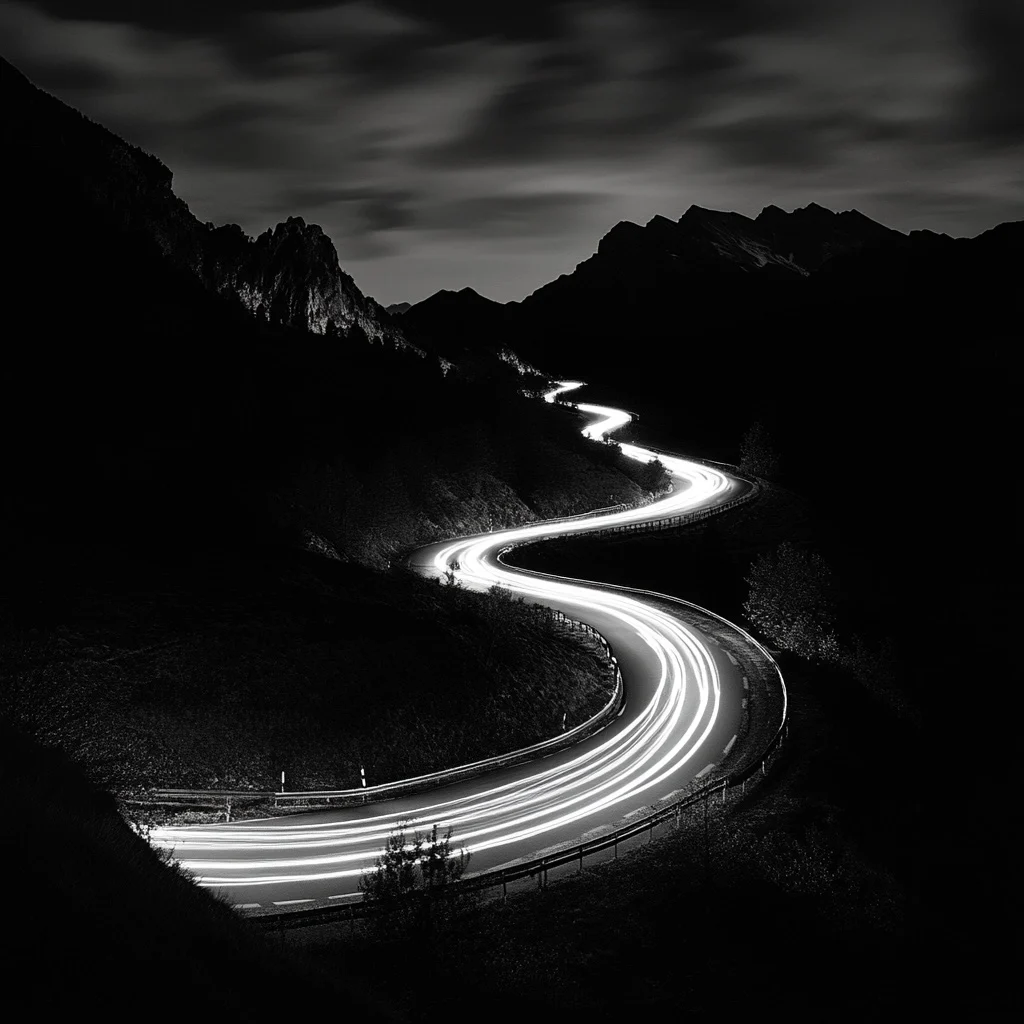 A black and white photo of winding a mountain road with light trails at nightfall