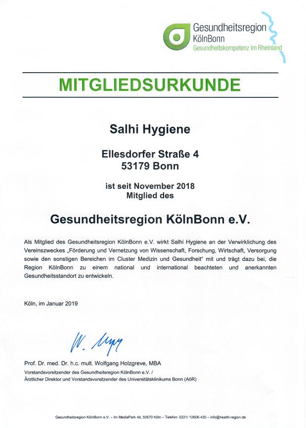 Gesundheitsregion KölnBonn Mitgliedsurkunde