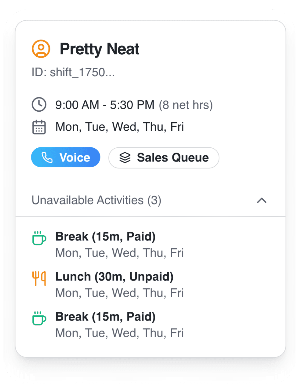 sample agent schedule displaying features such as time scheduled, unavailable activities, and assigned channel.