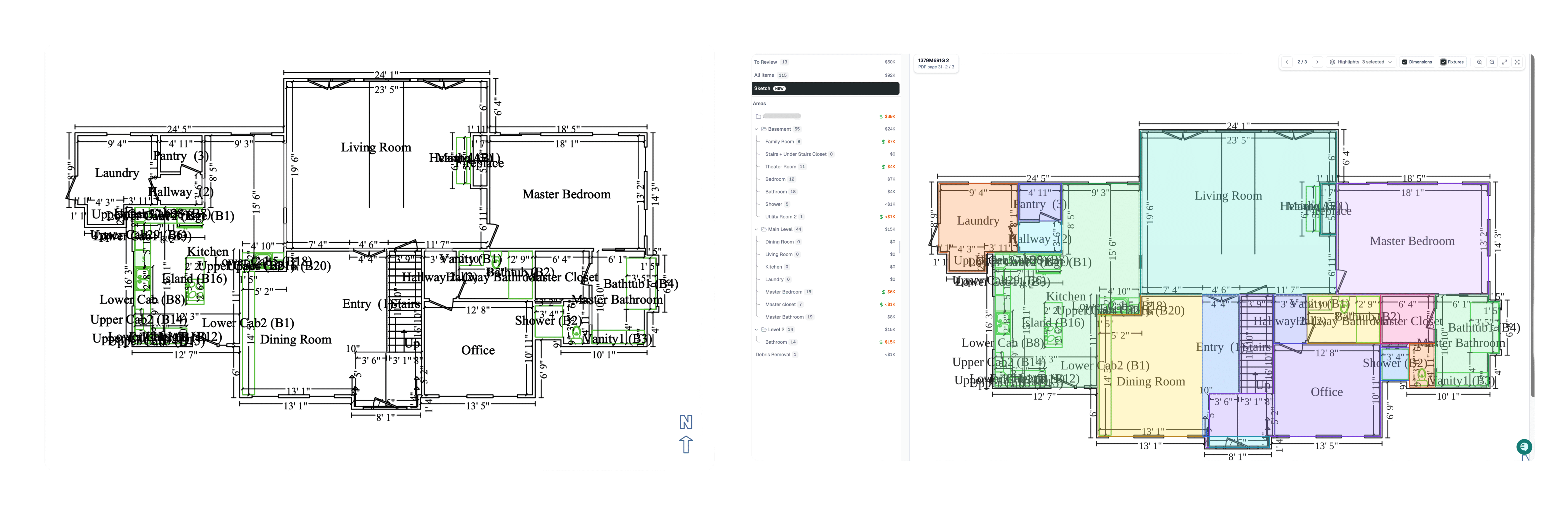 Diagram showing a room dimension on a sketch producing a square footage quantity, which produces an estimate line item.