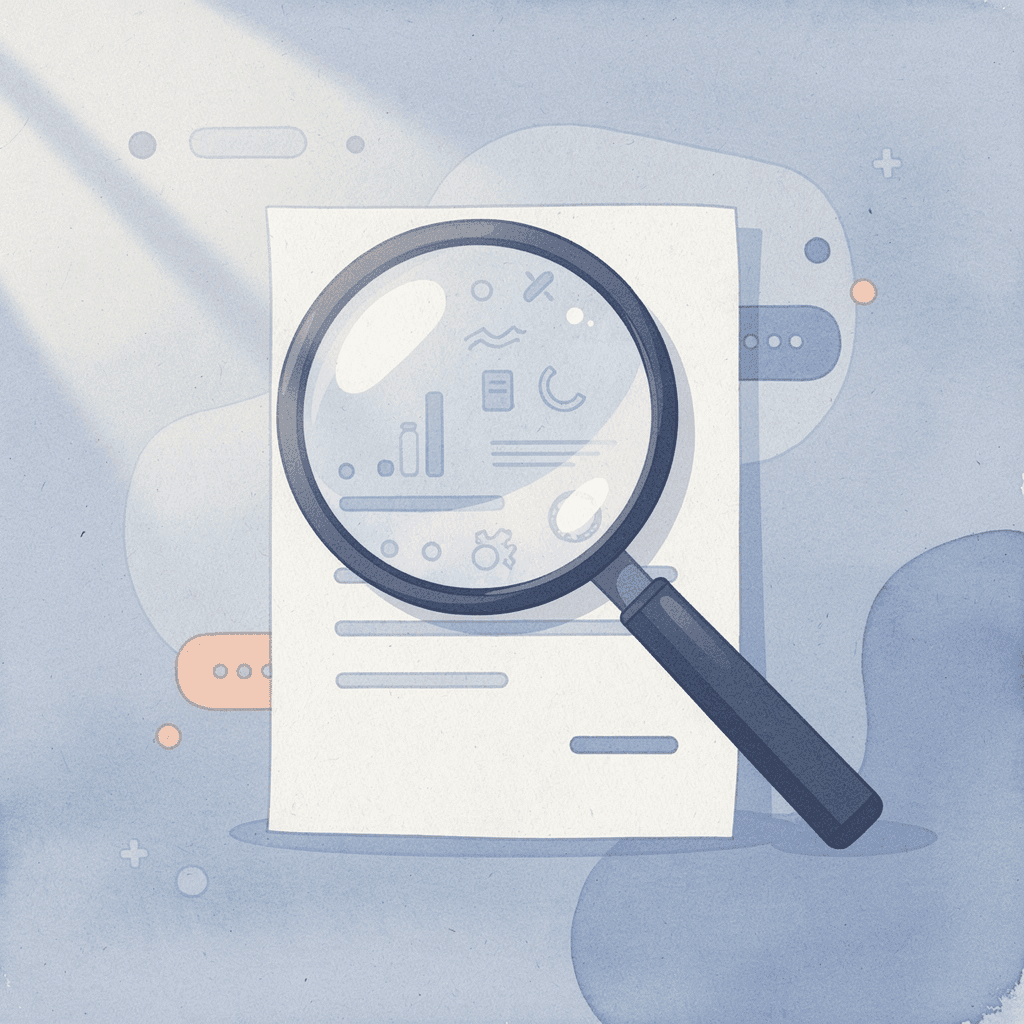 Person searching through scattered documents with a magnifying glass