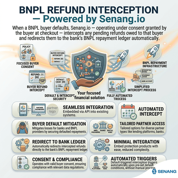 A flow diagram showing money (refund) being redirected from a buyer arrow to a bank arrow — with a shield or gate symbol in the middle labelled 'Senang.io BNPL Protection'. This immediately communicates the mechanic without words.