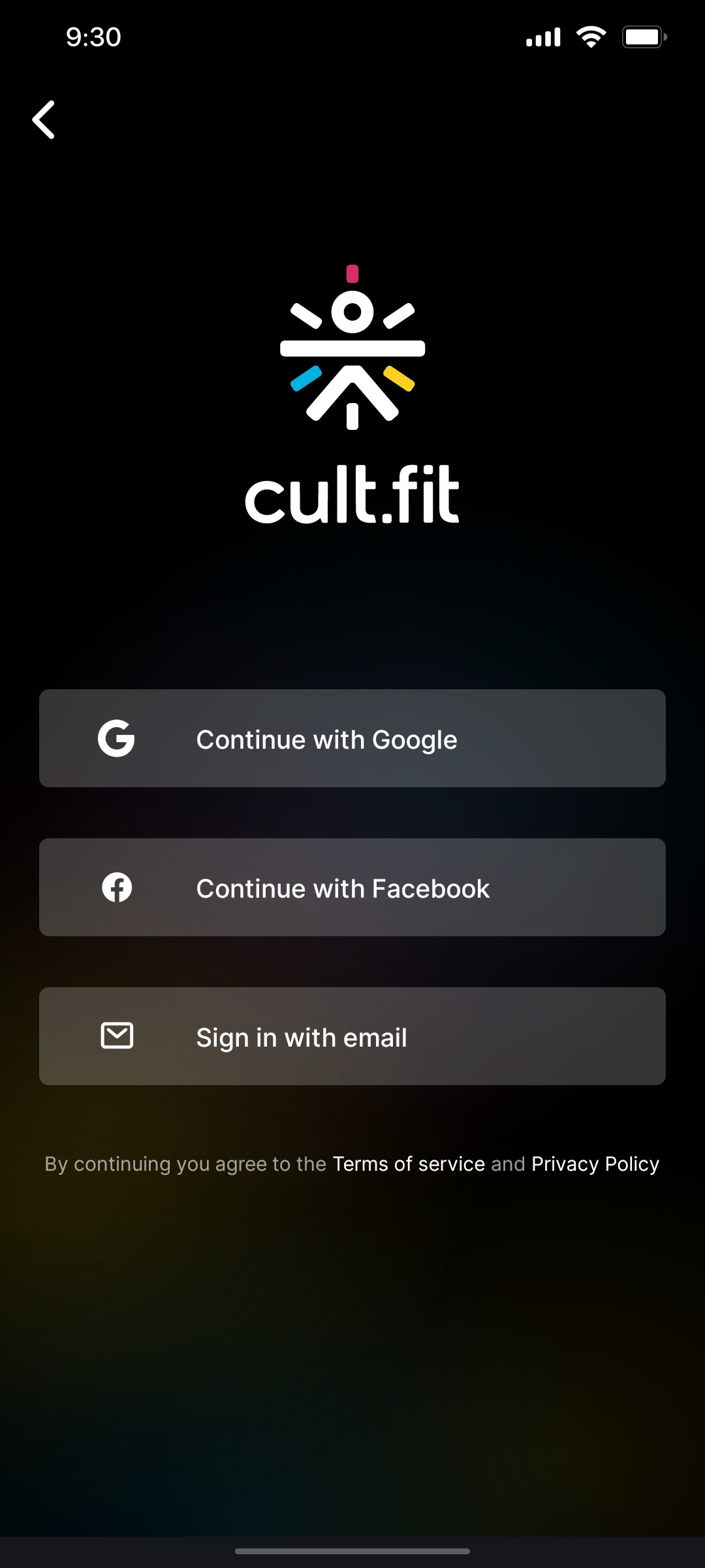 Cult.fit App Sign in Screen