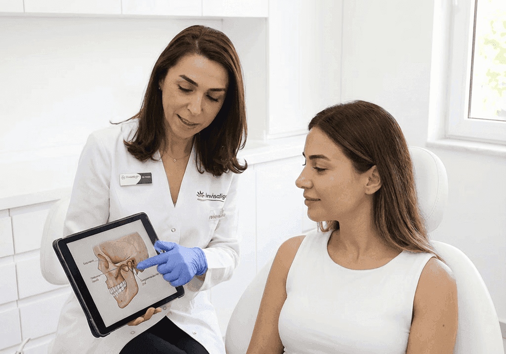 Dentist showing jaw structure on tablet during consultation with patient for jaw pain assessment.